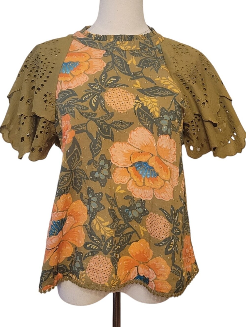 Anthropologie Farm Rio Olive Green & Peach Eyelet Floral Top Size Small - Picture 3 of 6
